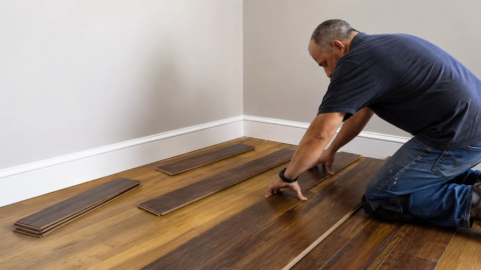 Installer laying dark stained planks across a room, with spare boards staged along the wall