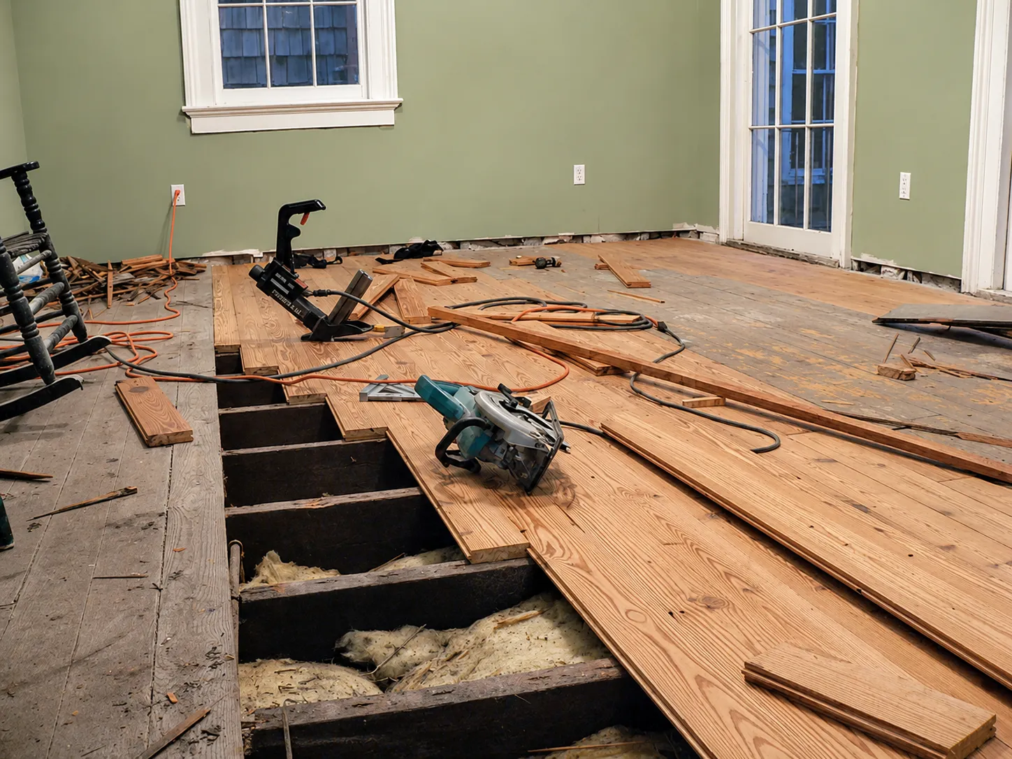 New unfinished boards being laid over exposed floor joists, with a flooring nailer and circular saw in the room