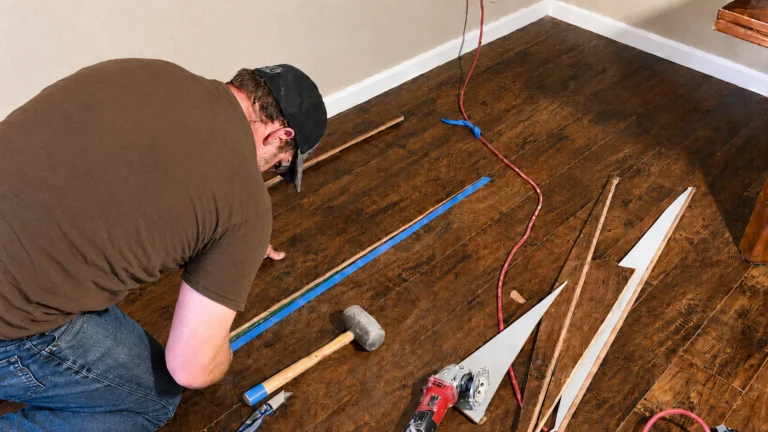Installer working along a dark stained plank floor with a mallet, tapping block and cut spacer strips laid out