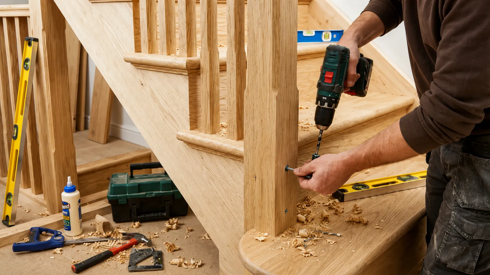 Carpenter driving a screw into an oak newel post on a new staircase, with spirit levels and tools around the base